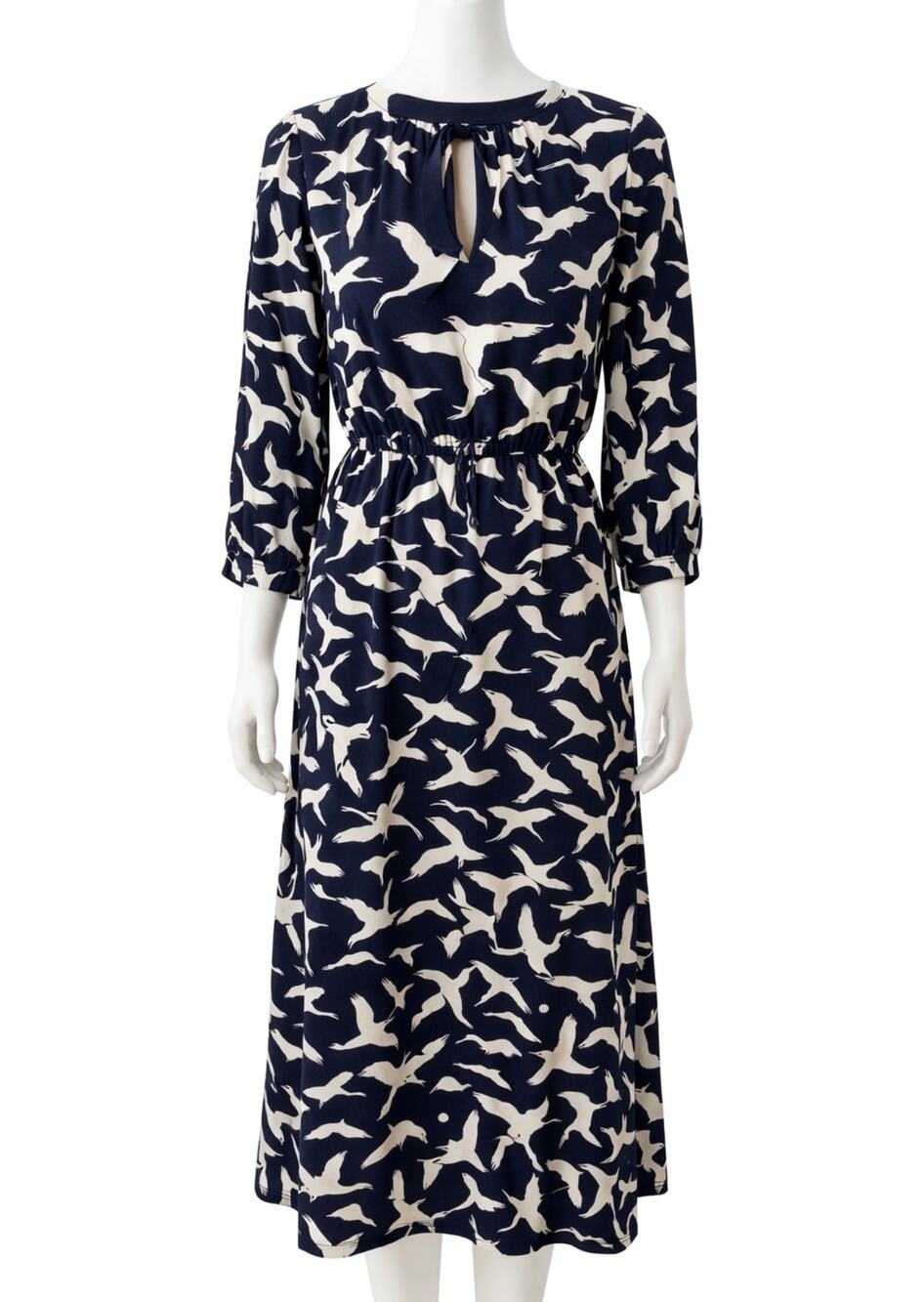 Talbots Petites Bird Print Dress Women's 8P Navy Ivory 3/4 Sleeve Elastic Waist